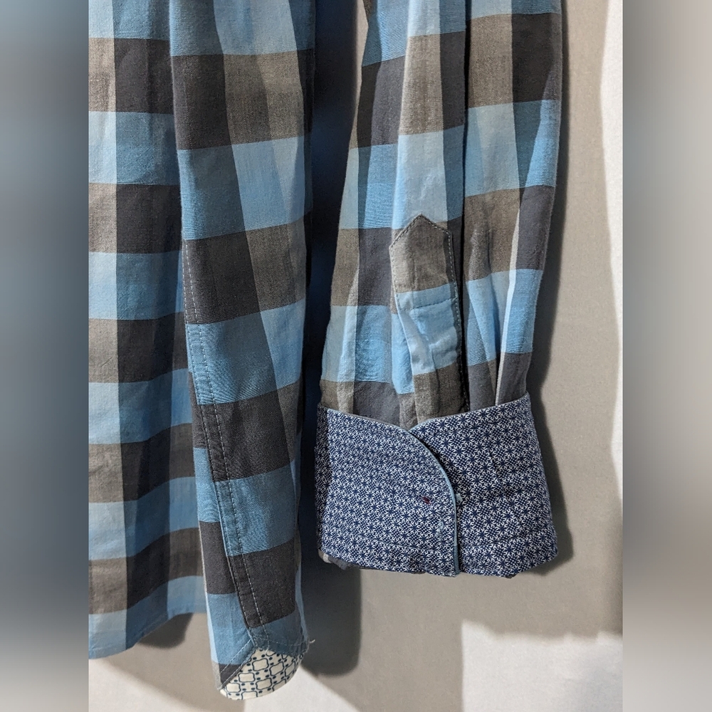 ☘️Ted Baker Weybiza Slim Blue Plaid Roll Sleeve Button Down Shirt Size 5 Large - Picture 2 of 8